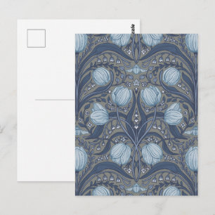 Postal Tulipanes Retro Nouveau en azul y estaño