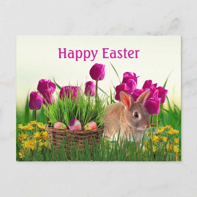 Postal Tulipanes rosados y vacaciones de conejo de Pascua (Anverso)