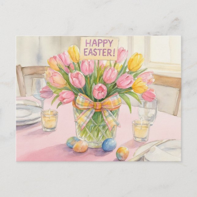Postal Tulipanes rosas Feliz Pascua  (Anverso)