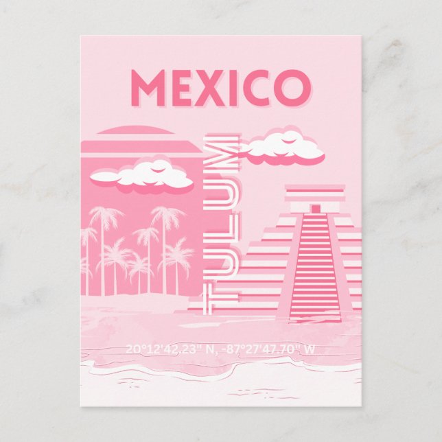 Postal Tulum, México, arte de viajes, arte rosa (Anverso)