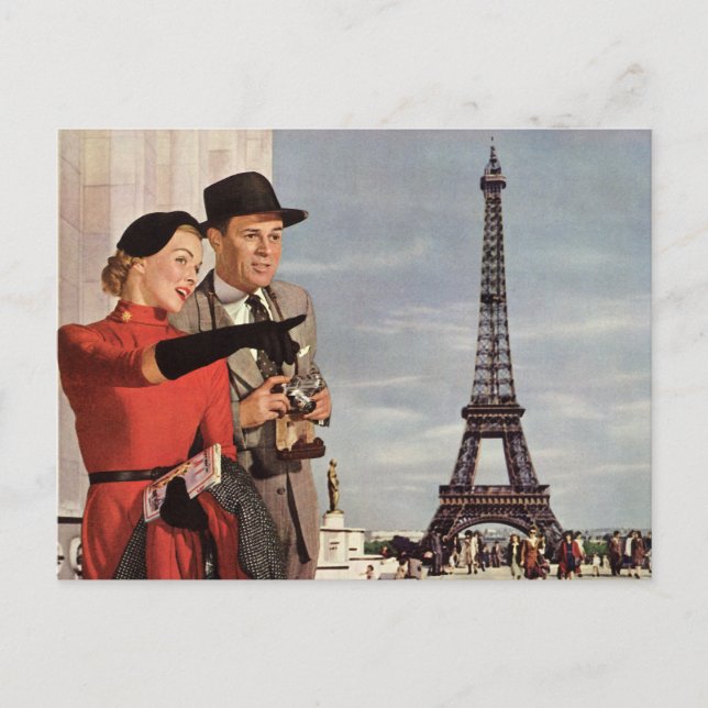 Postal Turistas de época en la Torre Eiffel, París de vac (Anverso)
