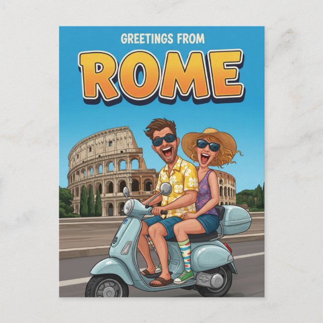 Postal Turistas divertidos en Vespa en Roma Italia Postca (Anverso)