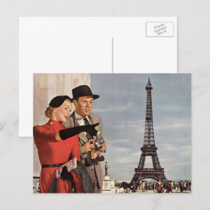 Postal Turistas Vintage en la Torre Eiffel, Vacaciones en