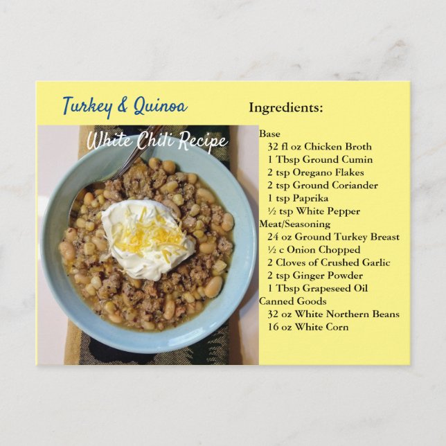 Postal Turkey Quinoa White Chili Recipe Postcard (Anverso)