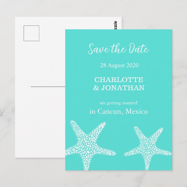 Postal Turqoise Modern Tropical Starfish Beach Wedding (Anverso / Reverso)