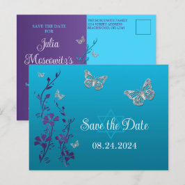Postal Turquesa, Morado Floral, Mariposas Bat Mitzvah