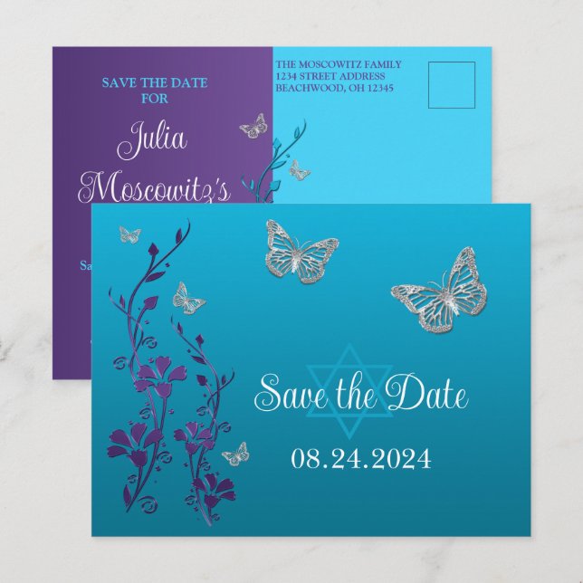 Postal Turquesa, Morado Floral, Mariposas Bat Mitzvah (Anverso / Reverso)