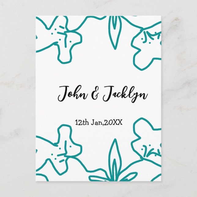 Postal Turquoise blue wedding couple name date flstylish  (Anverso)