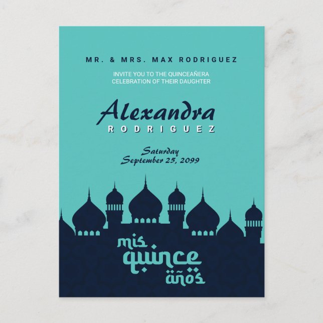Postal Turquoise Medianoche Blue Arabian Nights Quinceañe (Anverso)