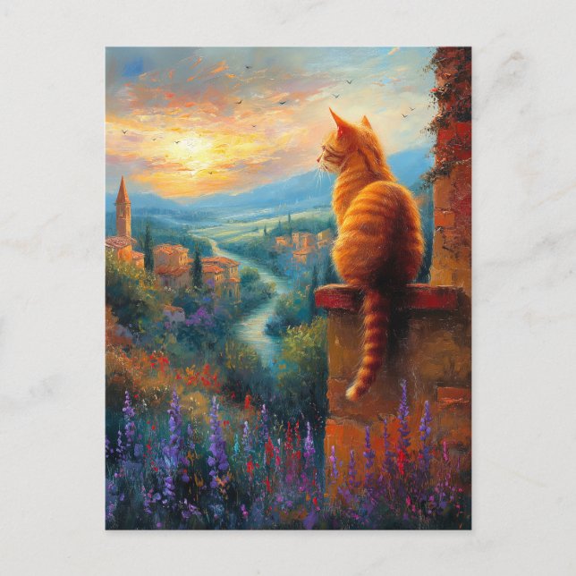 Postal Tuscan Sunset with a Ginger Cat (Anverso)