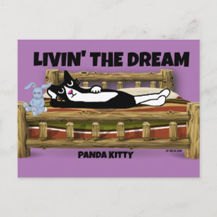 POSTAL TUXEDO CAT CON BUNNY EN CAMA, PANDA KITTY ART