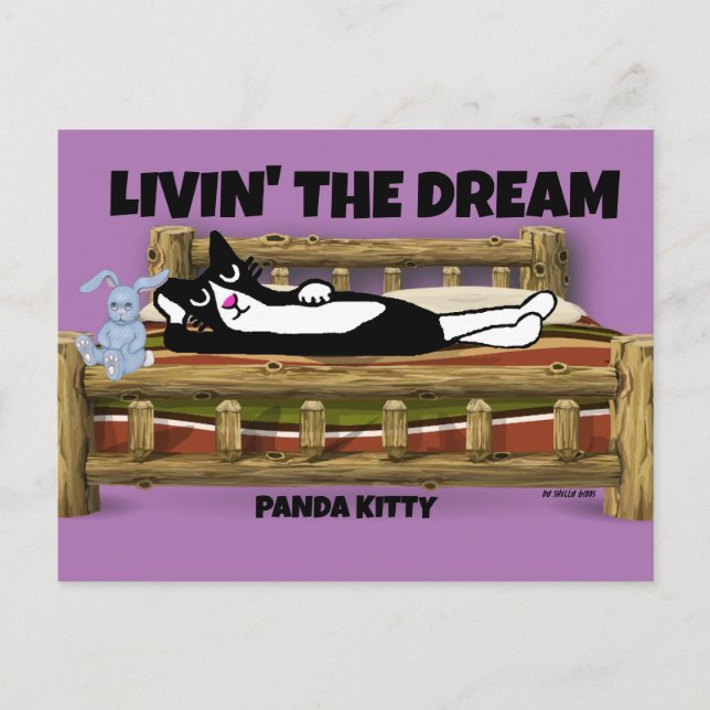 POSTAL TUXEDO CAT CON BUNNY EN CAMA, PANDA KITTY ART (Anverso)