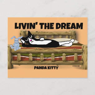 POSTAL TUXEDO CAT CON BUNNY EN CAMA, PANDA KITTY ART POS