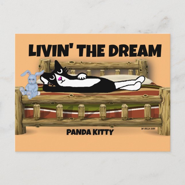 POSTAL TUXEDO CAT CON BUNNY EN CAMA, PANDA KITTY ART POS (Anverso)