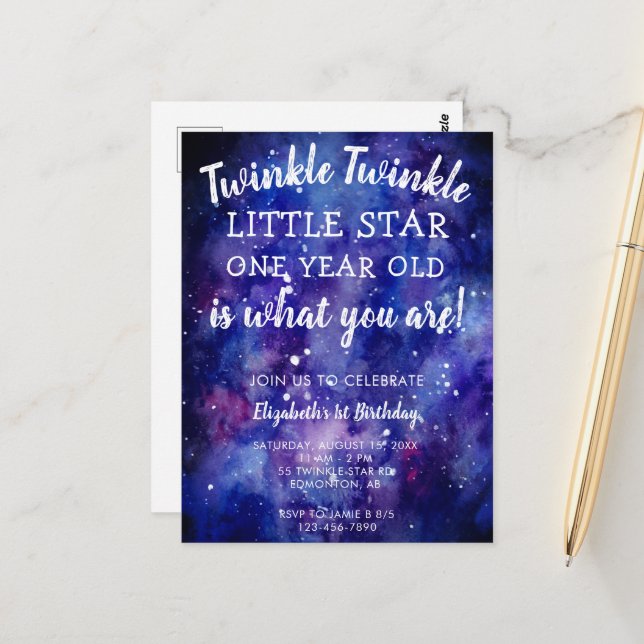 Postal Twinkle Twinkle Little Star 1er cumpleaños Galaxia (Anverso/Reverso In Situ)