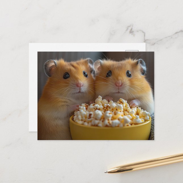 Postal Two Adorable Hamsters With a Large Popcorn Bowl (Anverso/Reverso In Situ)