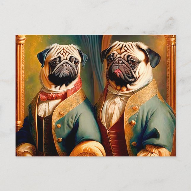 Postal Two Funny Anthropomorphic Vintage Pug (Anverso)