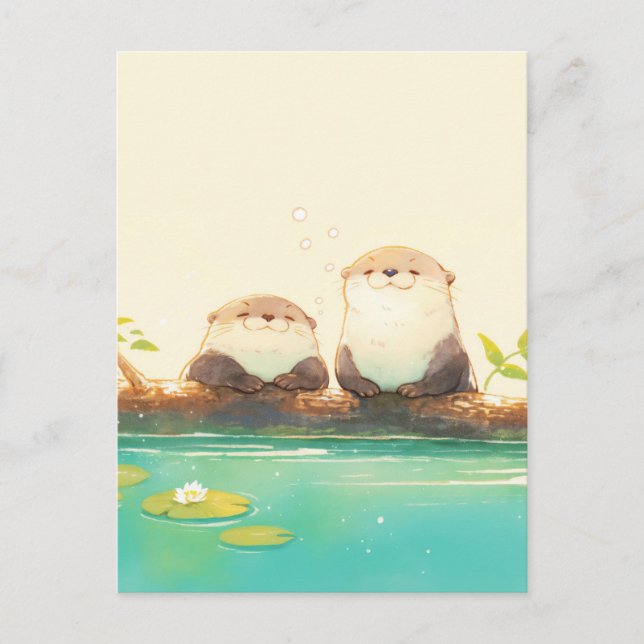 Postal Two Happy Otters on Summer Log (Anverso)