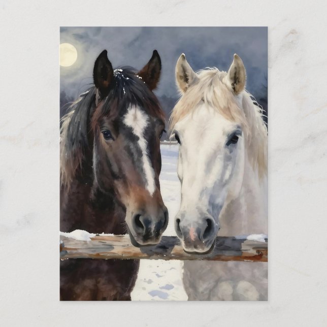 Postal Two Horses on a Snowy Farm | Keeping in Touch (Anverso)