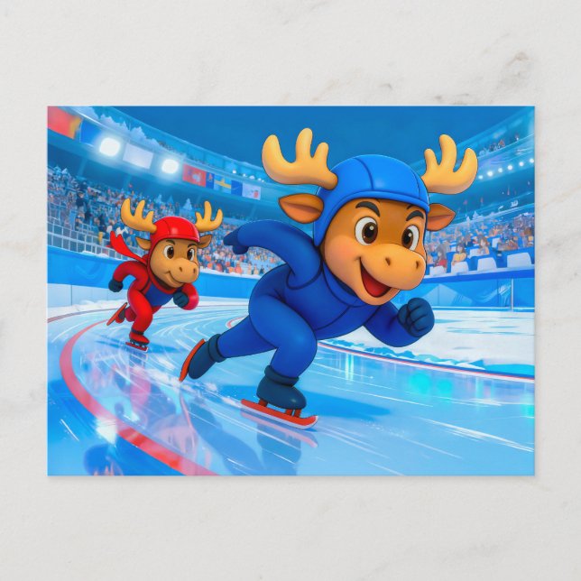 Postal Two Moose Speed Skating on an Icy Track (Anverso)