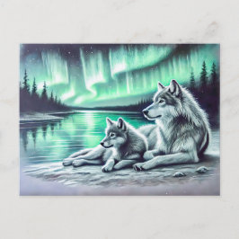 Postal Two Wolves at the Waters Edge with Northern Lights