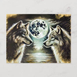 Postal Two Wolves in Moonlight with Pack