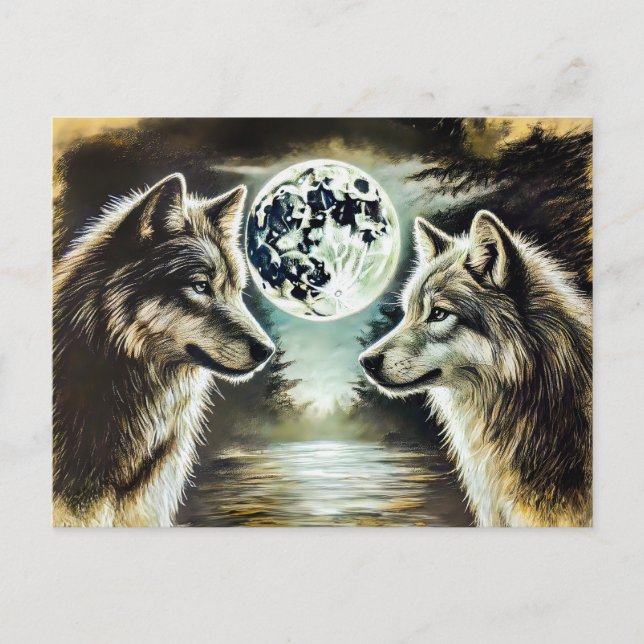 Postal Two Wolves in Moonlight with Pack (Anverso)