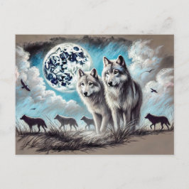 Postal Two Wolves in Moonlight with Pack