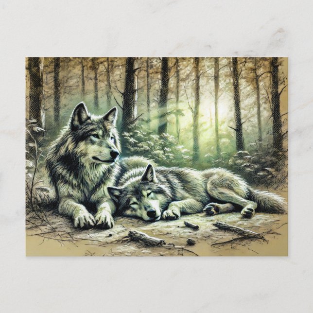 Postal Two Wolves Resting in the Forest (Anverso)