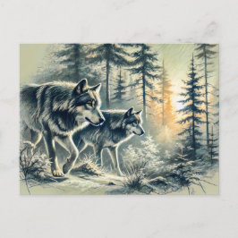 Postal Two Wolves Running at Sunrise