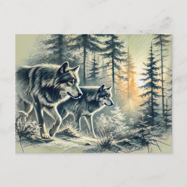 Postal Two Wolves Running at Sunrise (Anverso)