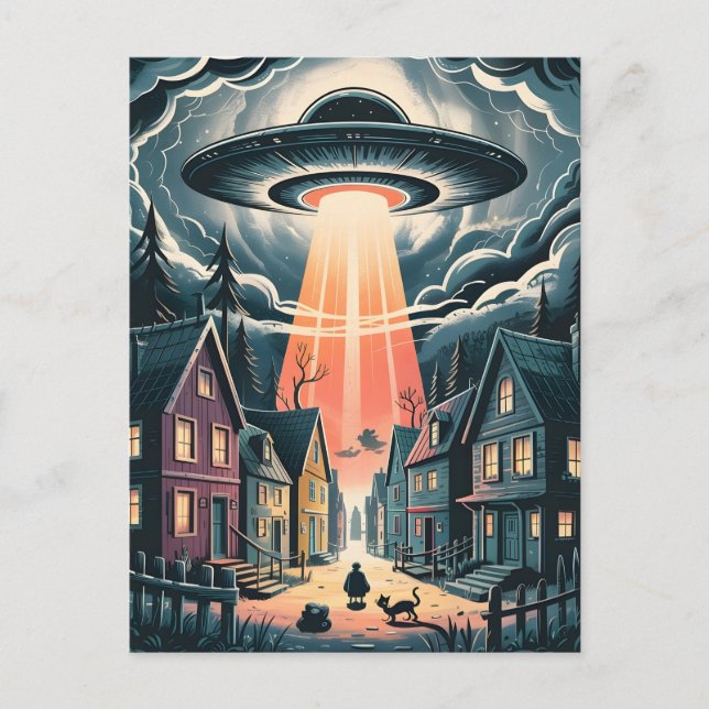 Postal UFO Abduction Night Street Illustration (Anverso)