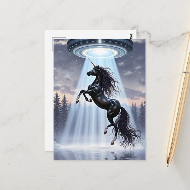 Postal UFO Abduction of a Gorgeous Black Unicorn (Anverso/Reverso In Situ)