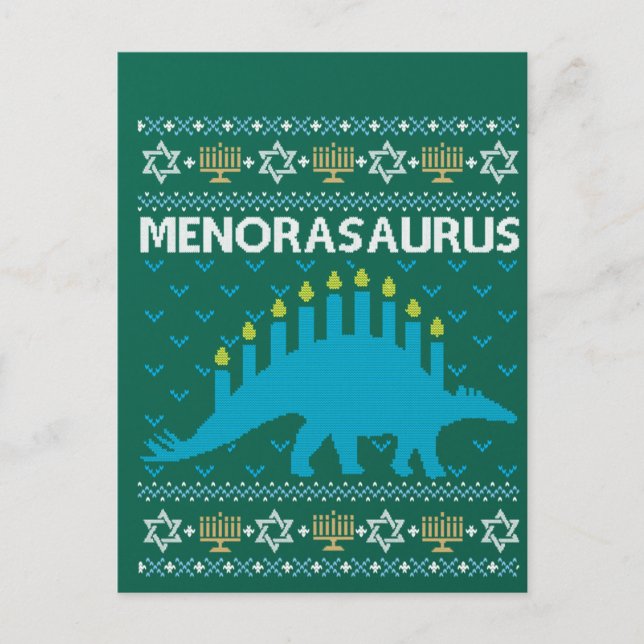 Postal Ugly Hanukkah Sweater, Menorasaurus, Jewish Dinosa (Anverso)