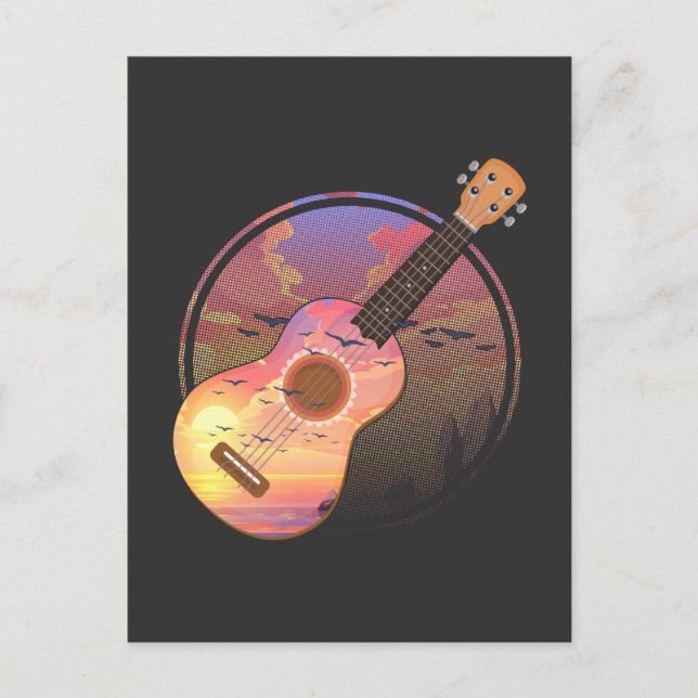 Postal Ukelele Vintage Música de Atardecer Naturaleza Haw (Anverso)