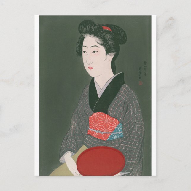 Postal Ukiyoe [Goyo] Mujer con bandeja (Anverso)