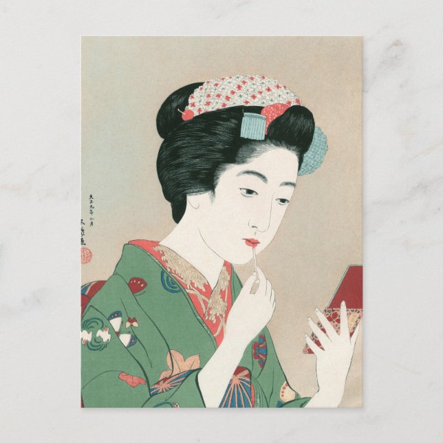 Postal Ukiyoe [Goyo] Mujer con pincel rojo (Anverso)