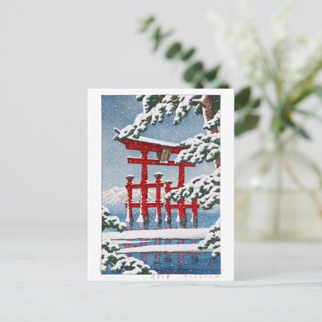 Postal ukiyoe - hasui - m11 - Nieve en el santuario de Mi (Anverso de pie)