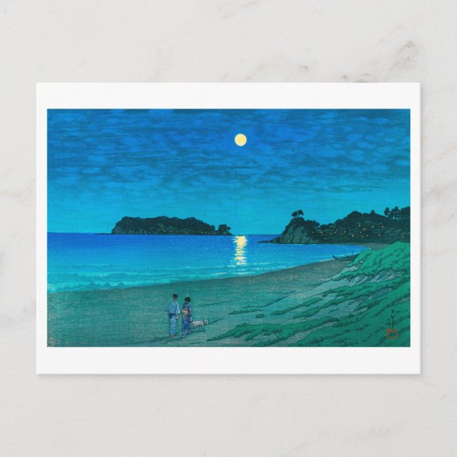 Postal ukiyoe hasui No54 Luna llena en la playa (Anverso)