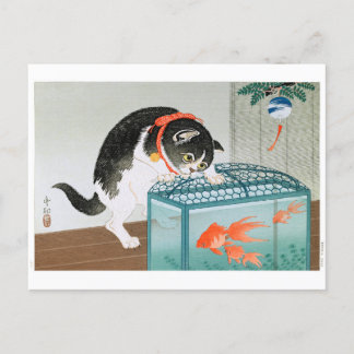 Postal Ukiyoe [Koson] Gato y pez dorado