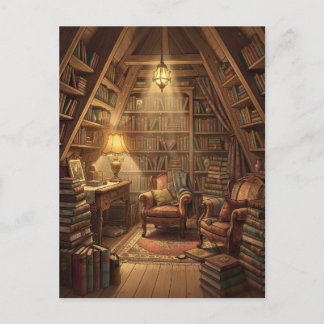 Postal Un acogedor ático lleno de libros bañado en cálido