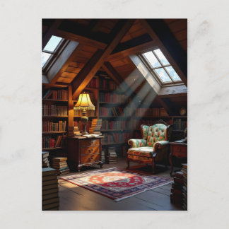 Postal Un acogedor ático lleno de libros bañado en cálido