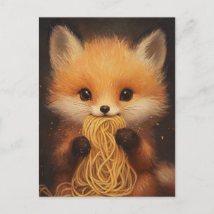 Postal Un adorable bebé zorro rojo comiendo espaguetis