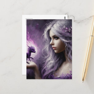 Postal Un adorable dragón morado y una dama
