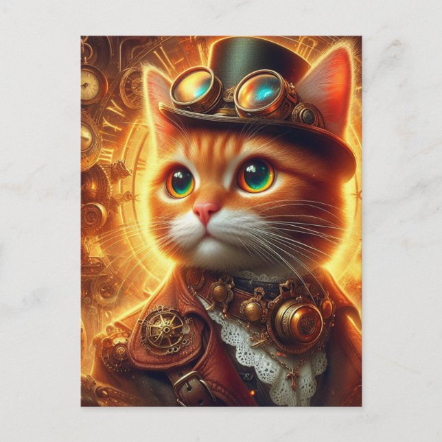 Postal un adorable gato de jengibre steampunk (Anverso)