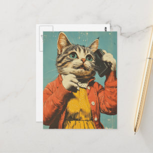Postal Un adorable gato estilo retro en su celular