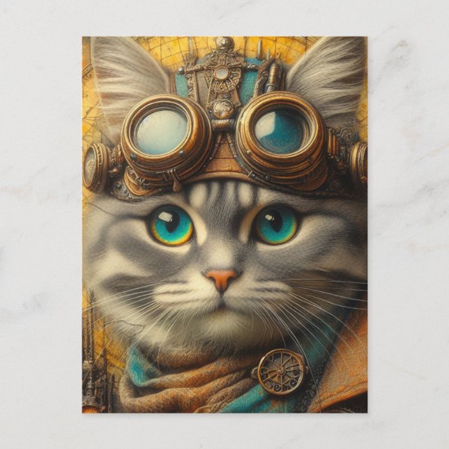 Postal un adorable gato gris steampunk (Anverso)