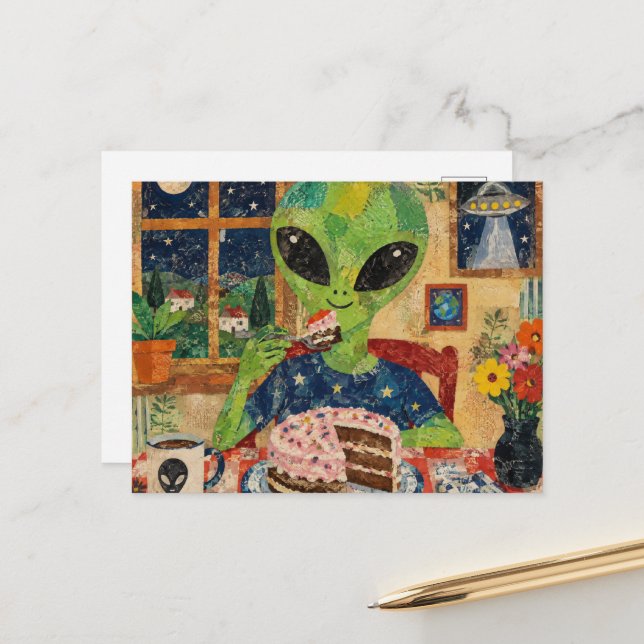 Postal Un Alien Adorable Comiendo Tarta (Anverso/Reverso In Situ)