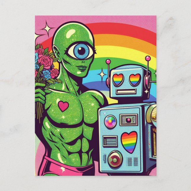 Postal Un Alienígena Verde Oído y un robot enamorado (Anverso)