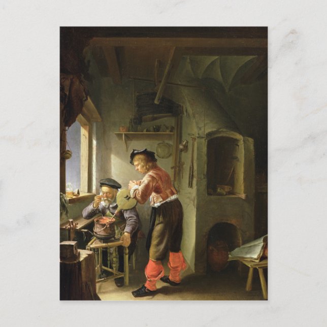 Postal Un alquimista y su asistente en su taller (Anverso)